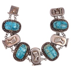 Egyptian Revival Silver and Turquoise Scarab Link Bracelet ca. 1920