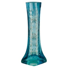 Mid-Century Ocean Blue Cut Glass Vase with Flared Square Base