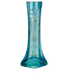 Mid-Century Ocean Blue Cut Glass Vase with Flared Square Base