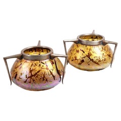 Antique Pair of Kralik Jugendstil Iridescent Art Glass Vases with Metal Mounts