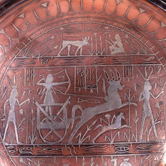 Large Antique Egyptian Revival Silver-Inlaid Copper Wall Charger, 65 cm
