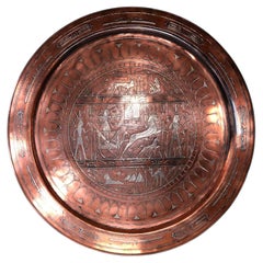 Large Antique Egyptian Revival Silver-Inlaid Copper Wall Charger, 65 cm