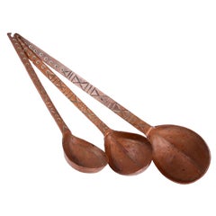 Omani Hand-Hammered Copper Cooking Ladles with Engraved Handles, Set of Three