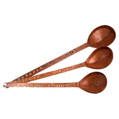 Omani Hand-Hammered Copper Cooking Ladles with Engraved Handles, Set of Three