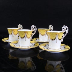Coalport Yellow and Gilded Bone China Chocolate Cups and Saucers, Set of Four