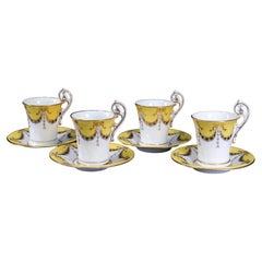 Coalport Yellow and Gilded Bone China Chocolate Cups and Saucers, Set of Four