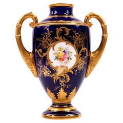 Antique Coalport Cobalt Blue and Gilt Twin-Handled Miniature Porcelain Vase