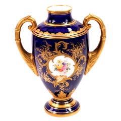 Antique Coalport Cobalt Blue and Gilt Twin-Handled Miniature Porcelain Vase
