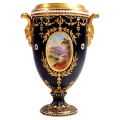 Antique Coalport Jewelled Black Ground Porcelain Urn Vase Painted with Lake View