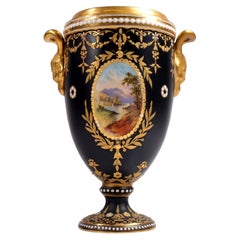 Antique Coalport Jewelled Black Ground Porcelain Urn Vase Painted with Lake View