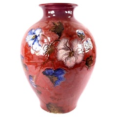 Antique Flambé Glazed Art Pottery Baluster Vase with Raised Clematis and Bird