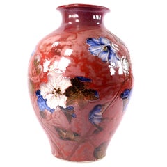 Antique Flambé Glazed Art Pottery Baluster Vase with Raised Clematis and Bird