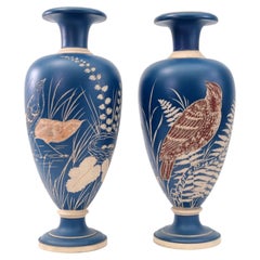 Antique Pair of Salopian Arts and Crafts Sgraffito Bird Pottery Vases