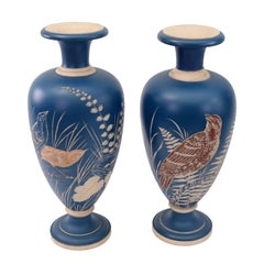 Antique Pair of Salopian Arts and Crafts Sgraffito Bird Pottery Vases