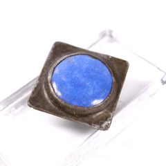 Antique Arts and Crafts White Metal Brooch Set with Blue Ruskin Pottery Cabochon