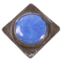 Antique Arts and Crafts White Metal Brooch Set with Blue Ruskin Pottery Cabochon