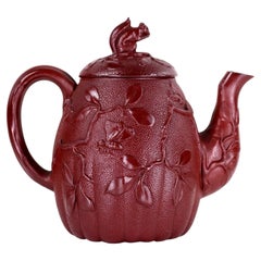 Antique Victorian Red Stoneware Teapot Attributed to Minton with Squirrel Finial