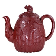 Antique Victorian Red Stoneware Teapot Attributed to Minton with Squirrel Finial