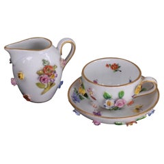 Meissen Miniature Porcelain Cup, Saucer and Cream Jug with Applied Flowers