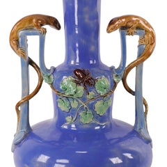 Antique Victorian Majolica Twin-Handled Vase with Applied Lizards and Beetles