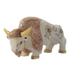 Basil Matthews Large Ceramic Bison Figurine with Hand-Painted Flowers