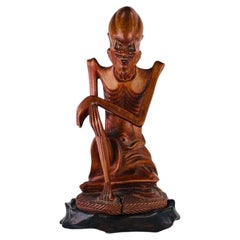 Antique Japanese Carved Boxwood Ascetic Yogi Buddha Figure on Wooden Stand
