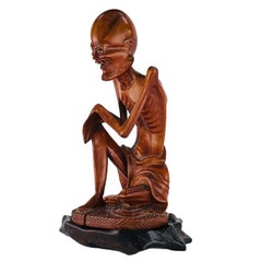 Antique Japanese Carved Boxwood Ascetic Yogi Buddha Figure on Wooden Stand