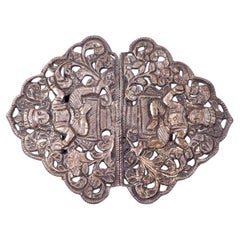 Antique Indian Embossed White Metal Nurse's Belt Buckle with Deities