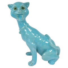 Antique Mosanic Style French Turquoise Glazed Pottery Grotesque Cat Figurine