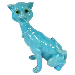 Antique Mosanic Style French Turquoise Glazed Pottery Grotesque Cat Figurine