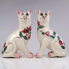 Antique Pair of Antique Wemyss Style Sponge Ware Pottery Mantel Cats