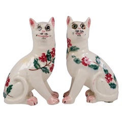 Antique Pair of Antique Wemyss Style Sponge Ware Pottery Mantel Cats