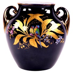 Antique Fraureuth Porcelain Twin-Handled Parrot Vase, Cobalt Blue