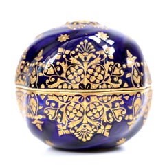 Antique Coalport Cobalt Blue Jewelled Porcelain Spherical Trinket Box