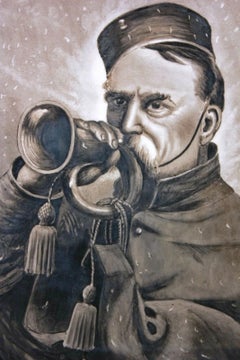 German Monochrome Porcelain Plaque Depicting an Imperial Military Bugler c. 1914
