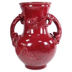 Chinese Sang de Boeuf Glazed Ceramic Dragon Vase with Relief Handles