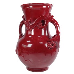 Chinese Sang de Boeuf Glazed Ceramic Dragon Vase with Relief Handles