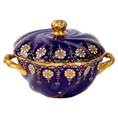 Antique Coalport Jewelled Cobalt Blue Twin-Handled Covered Bowl, Pattern B2233