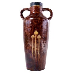 Antique Belgian Majolica Art Pottery Twin-Handled Vase with Toadstool Motif