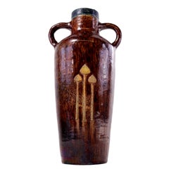 Antique Belgian Majolica Art Pottery Twin-Handled Vase with Toadstool Motif