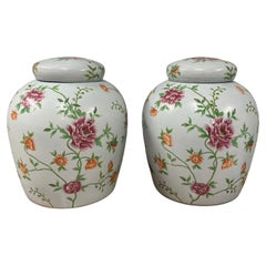 Pair of Large Vintage Hand-Painted Floral Ceramic Ginger Jars with Covers