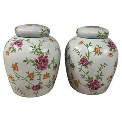 Pair of Large Vintage Hand-Painted Floral Ceramic Ginger Jars with Covers