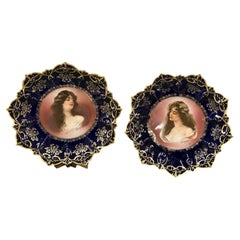 Antique Moritz Zdekauer Pair of Cobalt Blue and Gilt Portrait Porcelain Plates