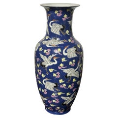 Chinese Blue-Ground Porcelain Baluster Vase with Cranes and Clouds