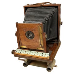 Antique British Mahogany and Brass Half-Plate Field Camera with Lens ca. 1900