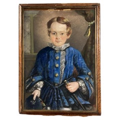 Antique British Pastel Portrait of a Boy in a Blue Tunic, Framed