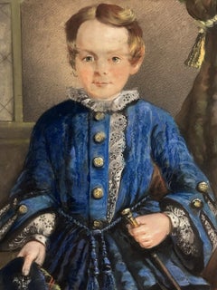 Antique British Pastel Portrait of a Boy in a Blue Tunic, Framed