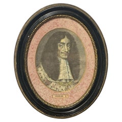 Antique Hand-Coloured Portrait Engraving of King Charles II in Gilt Black Frame