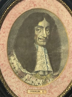 Antique Hand-Coloured Portrait Engraving of King Charles II in Gilt Black Frame