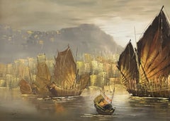 Grande scena portuale orientale in stile Mid-Century con barche junks, dipinto a olio incorniciato